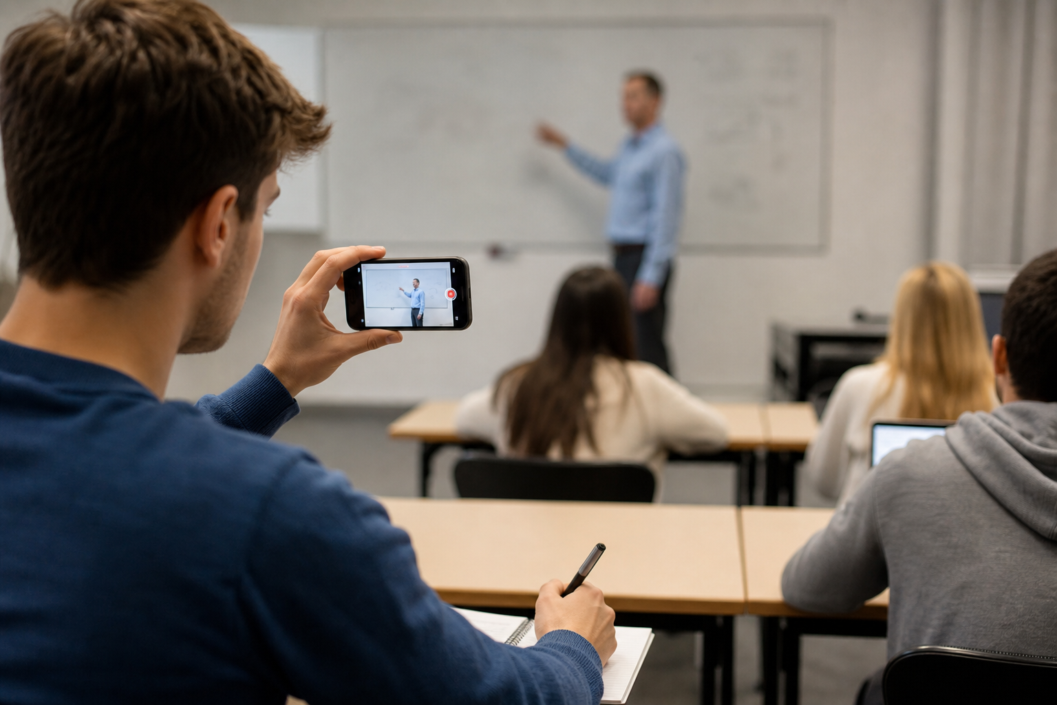 Student recording a classroom lecture for later transcription