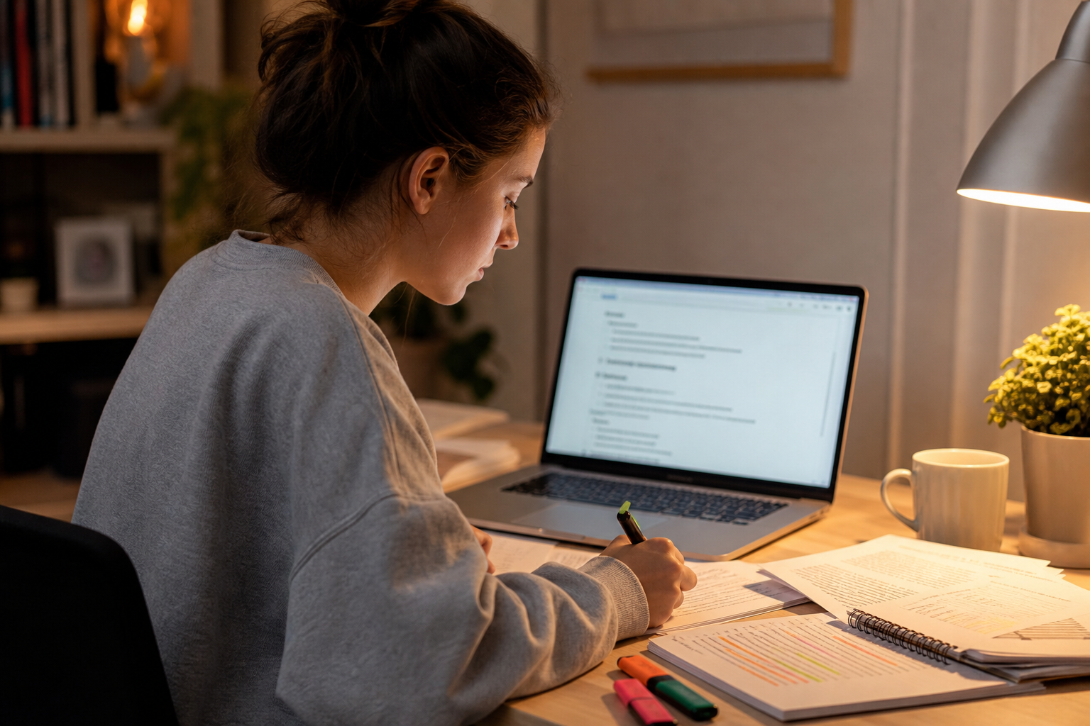 Student revising organized study notes from a lecture transcript