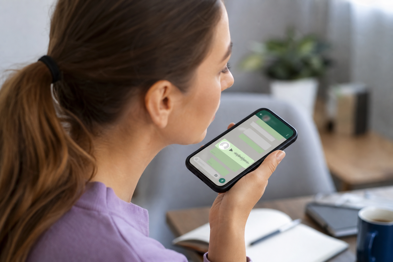 Person listening to a WhatsApp voice message on a smartphone